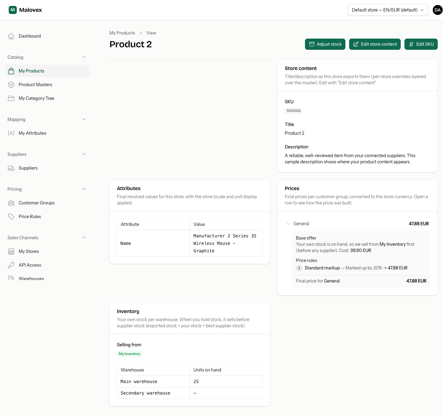 The Product 1 page showing the store content, the resolved attributes, the prices section, and the inventory section