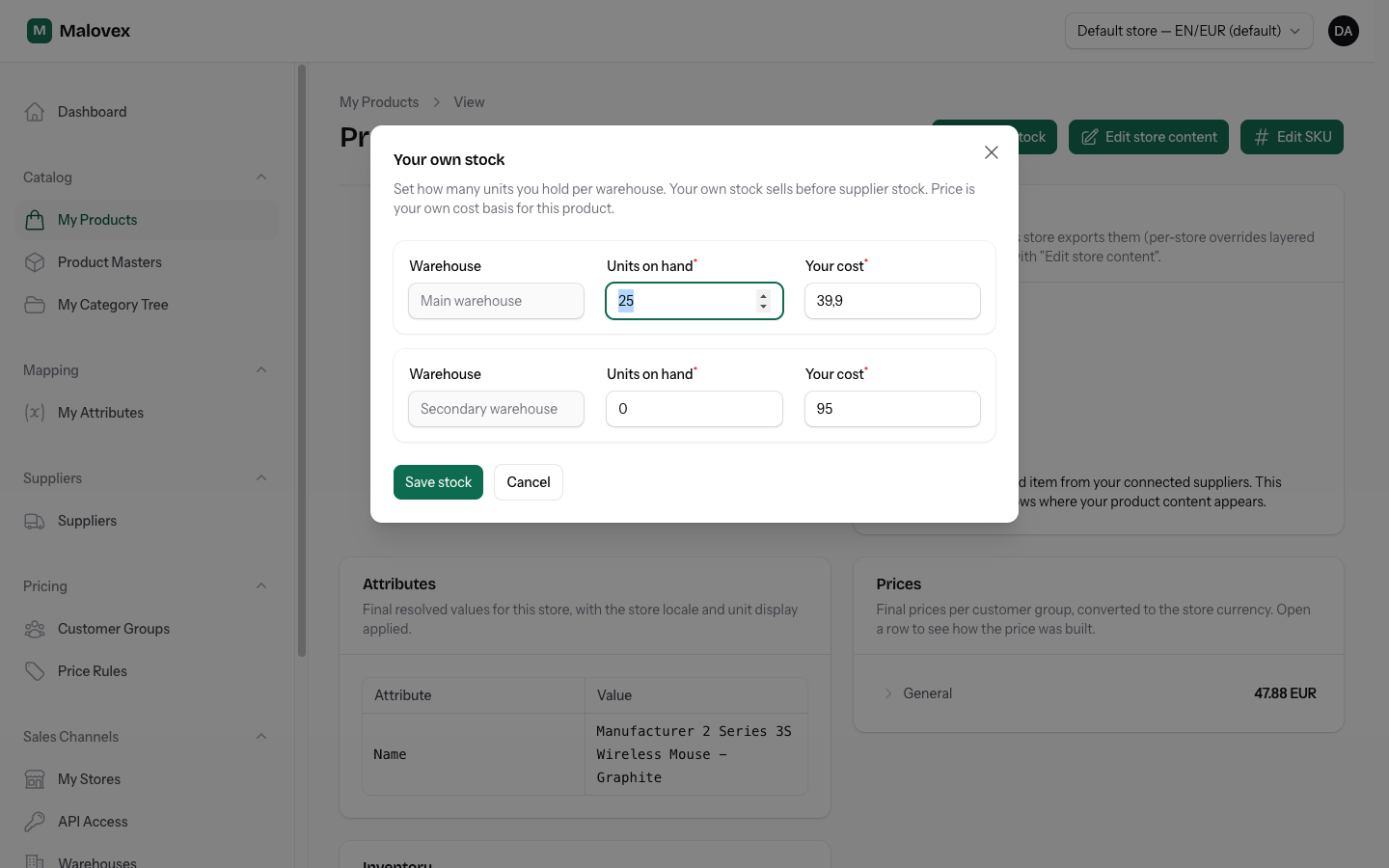 Adjust stock modal showing units on hand and your cost per warehouse