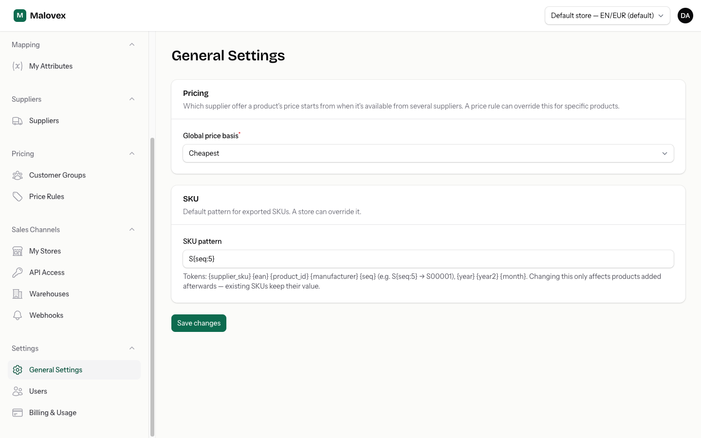 The SKU section of General Settings showing the account default SKU pattern field