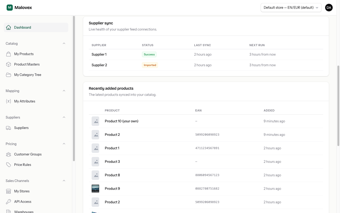 Dashboard sync health panel listing connected suppliers with last sync, status and next run